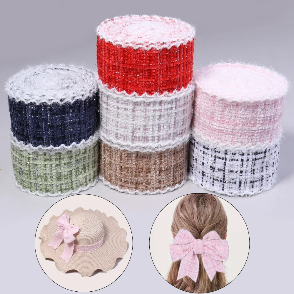 3Yards/Roll 4cm Tweed Style Plaid Fabric Ribbon Diy Handmade Bow Hair Accessory Material Flower Packaging Gift Color Band Weave