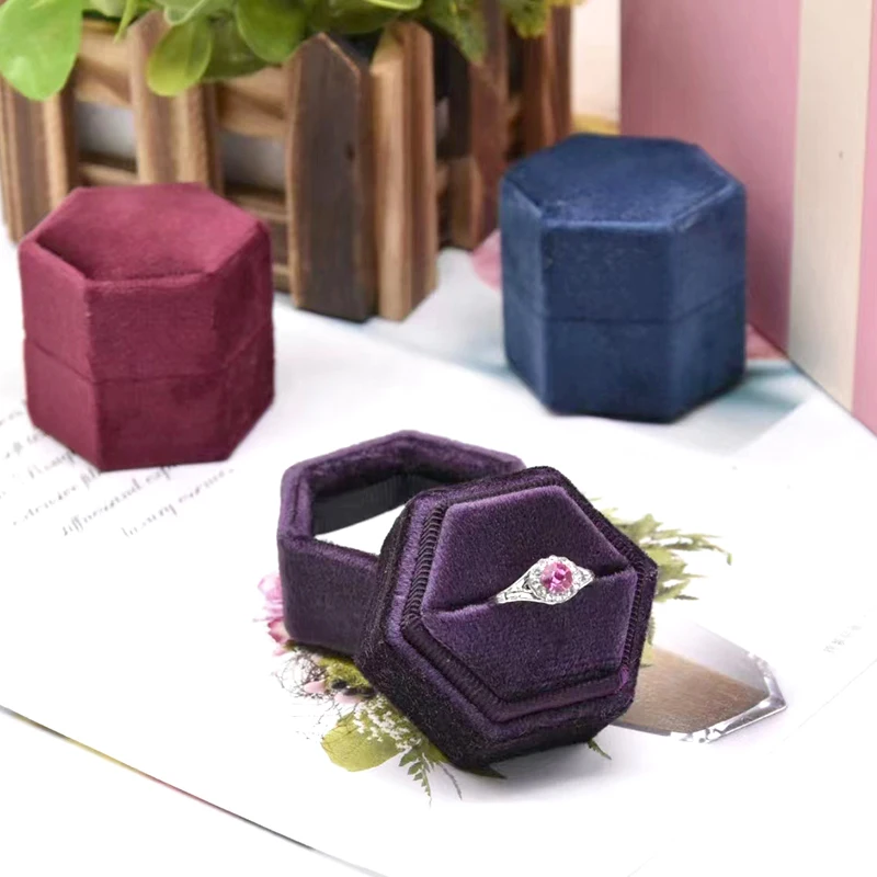Hexagon Velvet Jewelry Box with Detachable Lid 3 Compartment Ring Box for Wedding Ceremony Engagement Ring Display Box