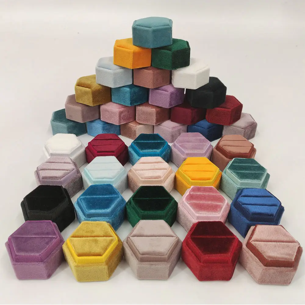 Hexagon Velvet Jewelry Box with Detachable Lid 3 Compartment Ring Box for Wedding Ceremony Engagement Ring Display Box