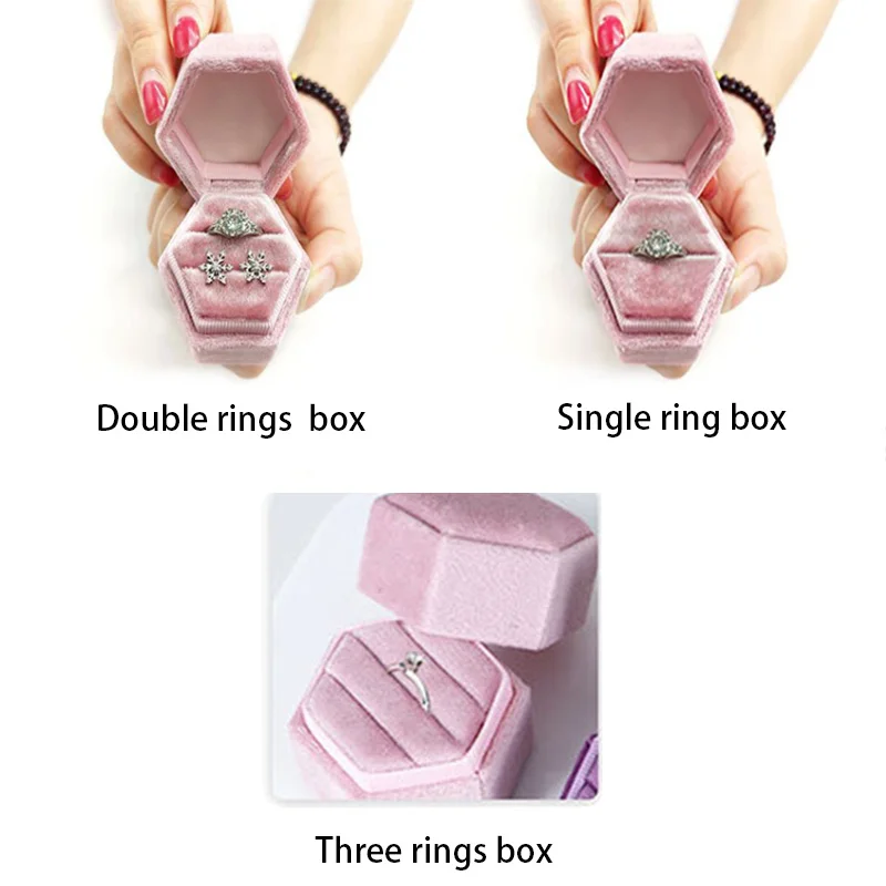 Hexagon Velvet Jewelry Box with Detachable Lid 3 Compartment Ring Box for Wedding Ceremony Engagement Ring Display Box