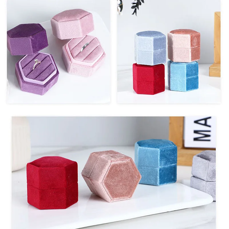 Hexagon Velvet Jewelry Box with Detachable Lid 3 Compartment Ring Box for Wedding Ceremony Engagement Ring Display Box