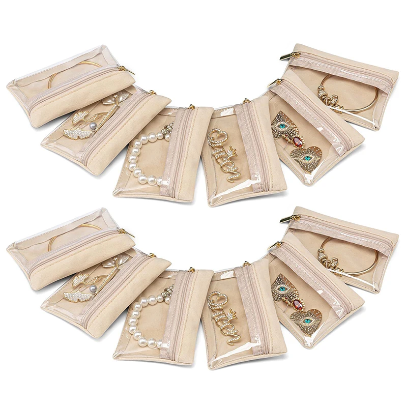 6pcs Mini Zipper Velvet Pouch Set with Plastic Visibility Transparent Window Portable Jewelry Organizers Travel Storage Bags