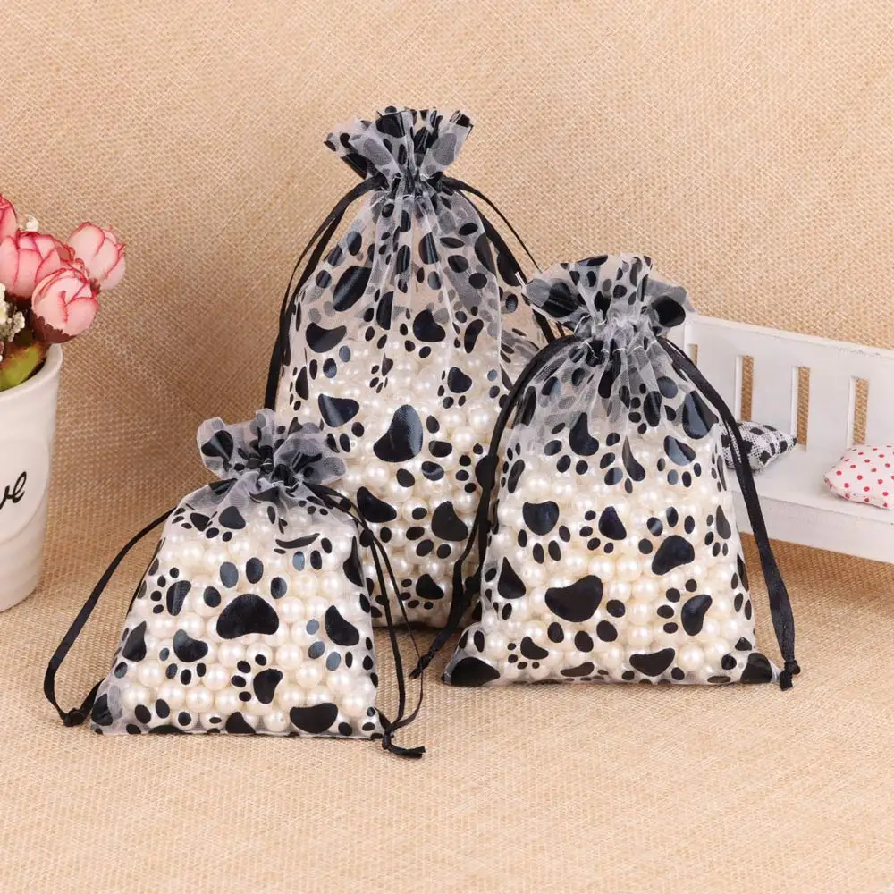 10/25/50pcs Black Cat Claw Pattern Organza Jewelry Bags 9x12/10x15/13x18cm Drawstring Pouches for Gift Candy Packing Wholesale