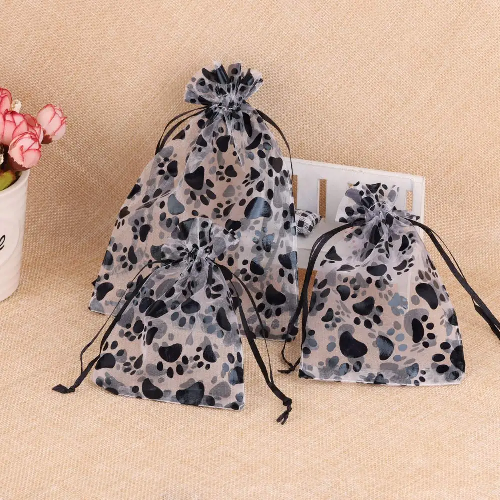 10/25/50pcs Black Cat Claw Pattern Organza Jewelry Bags 9x12/10x15/13x18cm Drawstring Pouches for Gift Candy Packing Wholesale