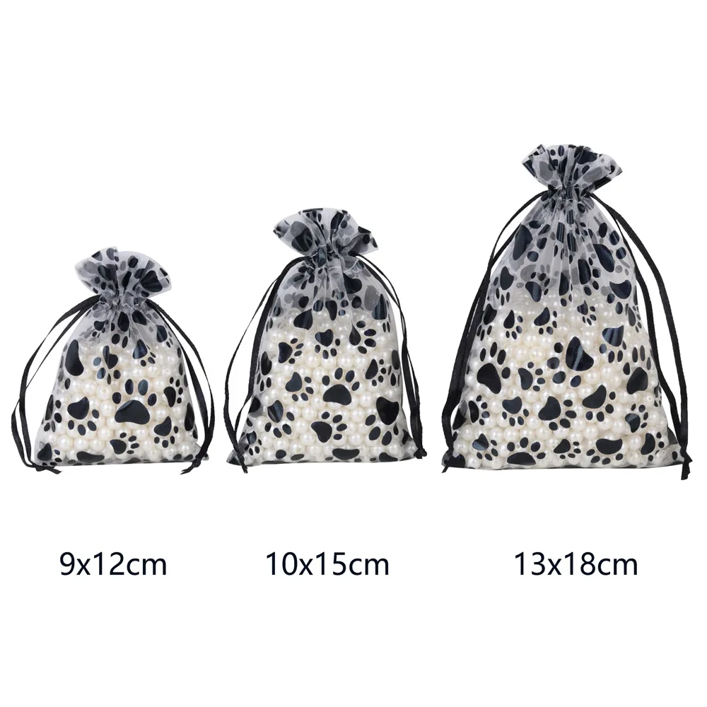 10/25/50pcs Black Cat Claw Pattern Organza Jewelry Bags 9x12/10x15/13x18cm Drawstring Pouches for Gift Candy Packing Wholesale
