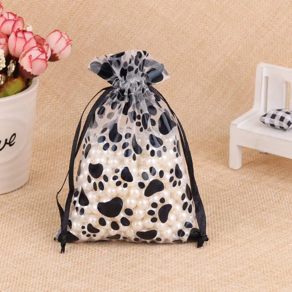 10/25/50pcs Black Cat Claw Pattern Organza Jewelry Bags 9x12/10x15/13x18cm Drawstring Pouches for Gift Candy Packing Wholesale