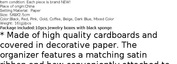 10pcs 8x5x2.5cm Paper Jewelry Organizer Box for Necklace Ring Earring Packaging Gift Boxes Display with Black Sponge
