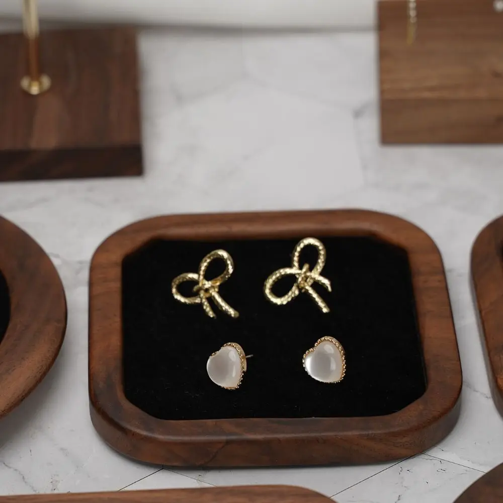 Simple Geometry Wood Rings Tray Exquisite Velvet Earrings Display Tray Jewlery Organizer Ear Studs Case Ring Earring Holder Home