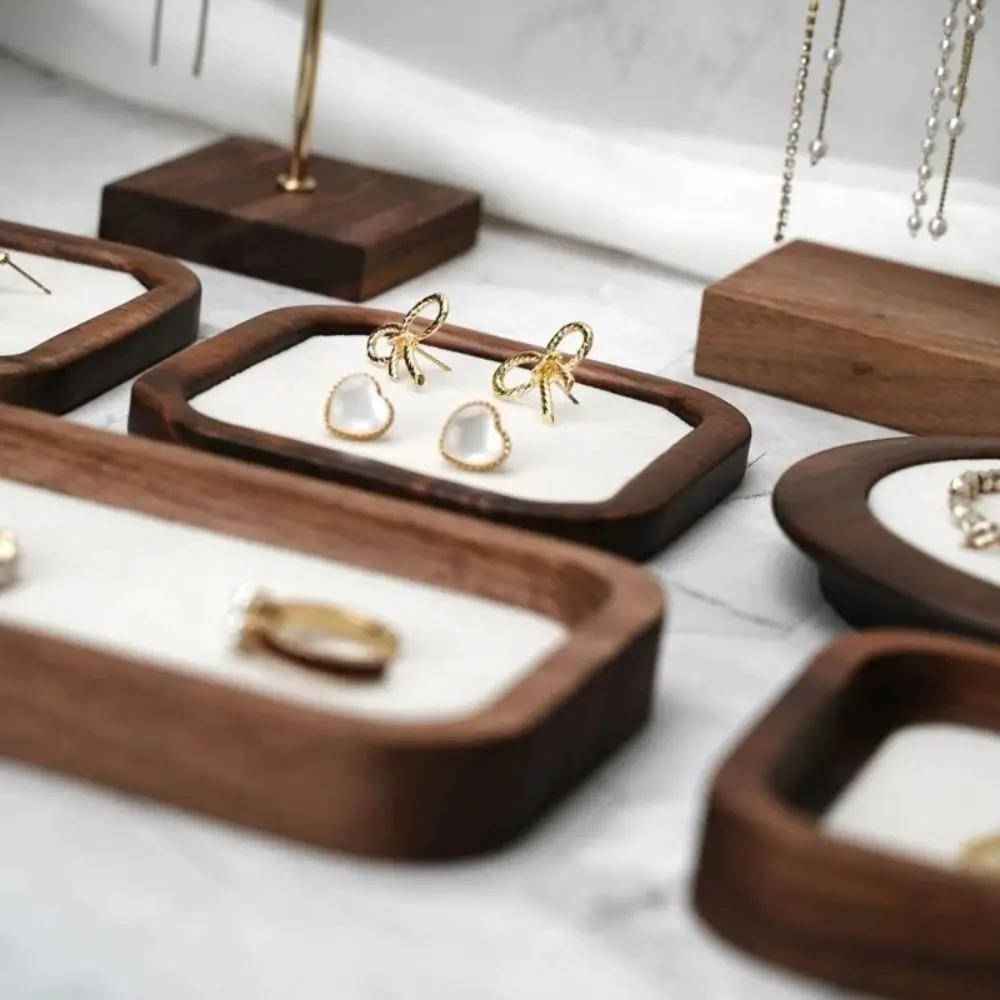 Simple Geometry Wood Rings Tray Exquisite Velvet Earrings Display Tray Jewlery Organizer Ear Studs Case Ring Earring Holder Home