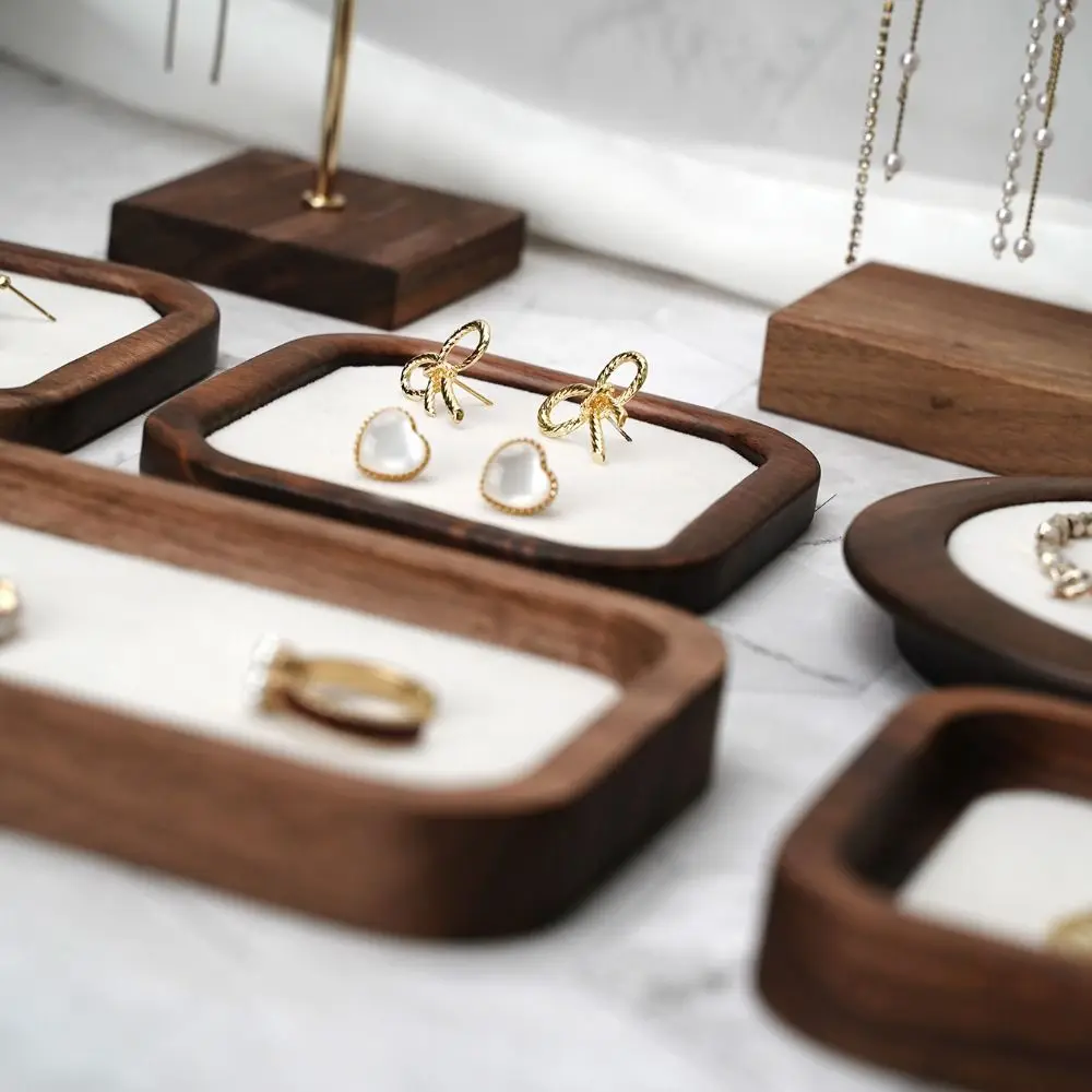 Simple Geometry Wood Rings Tray Exquisite Velvet Earrings Display Tray Jewlery Organizer Ear Studs Case Ring Earring Holder Home