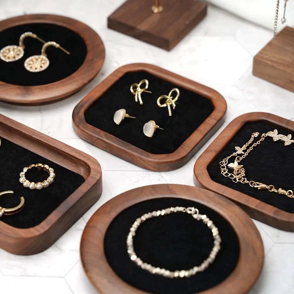 Simple Geometry Wood Rings Tray Exquisite Velvet Earrings Display Tray Jewlery Organizer Ear Studs Case Ring Earring Holder Home