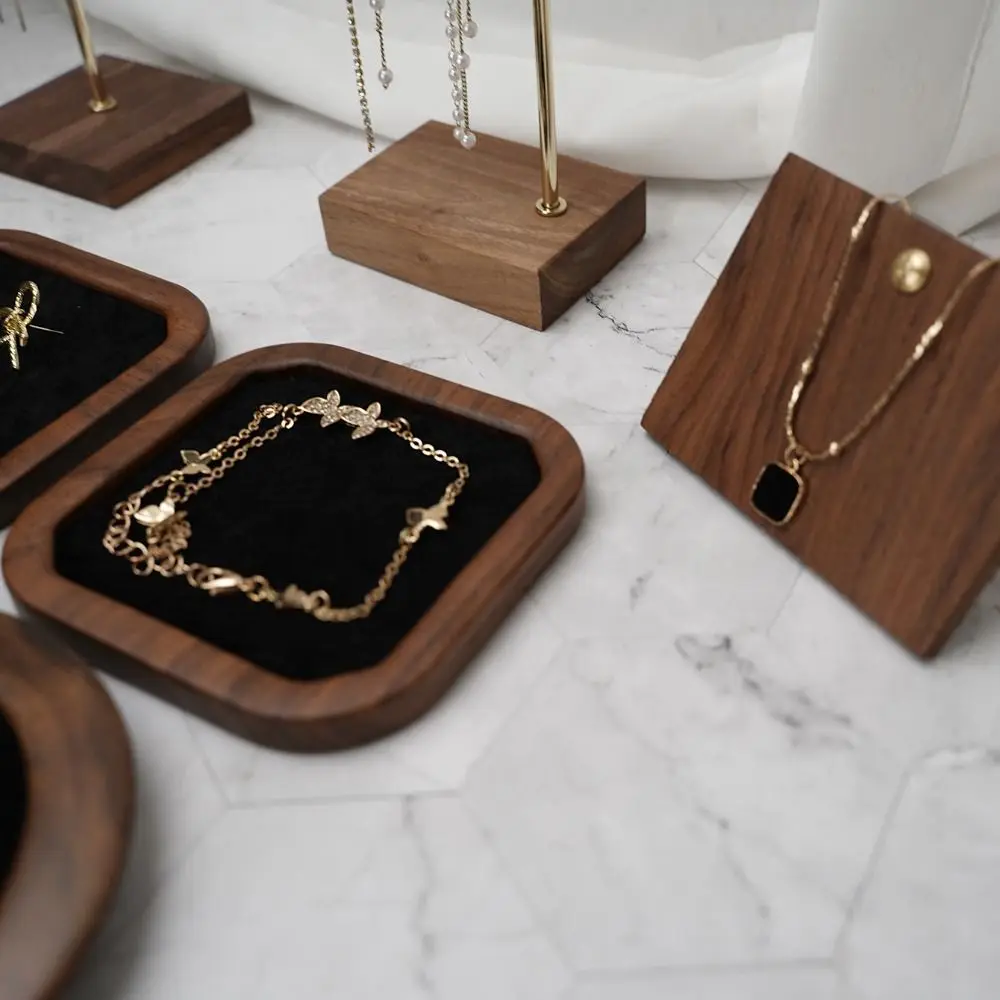 Simple Geometry Wood Rings Tray Exquisite Velvet Earrings Display Tray Jewlery Organizer Ear Studs Case Ring Earring Holder Home