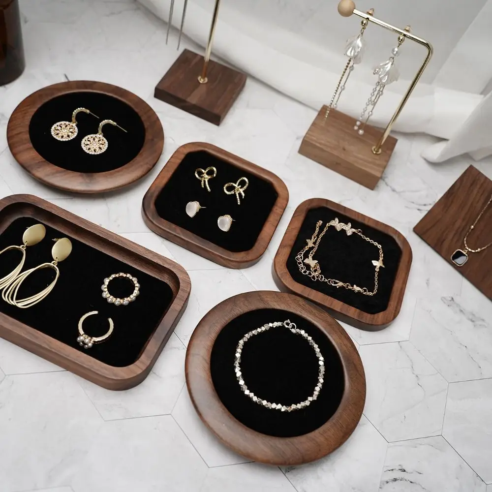 Simple Geometry Wood Rings Tray Exquisite Velvet Earrings Display Tray Jewlery Organizer Ear Studs Case Ring Earring Holder Home