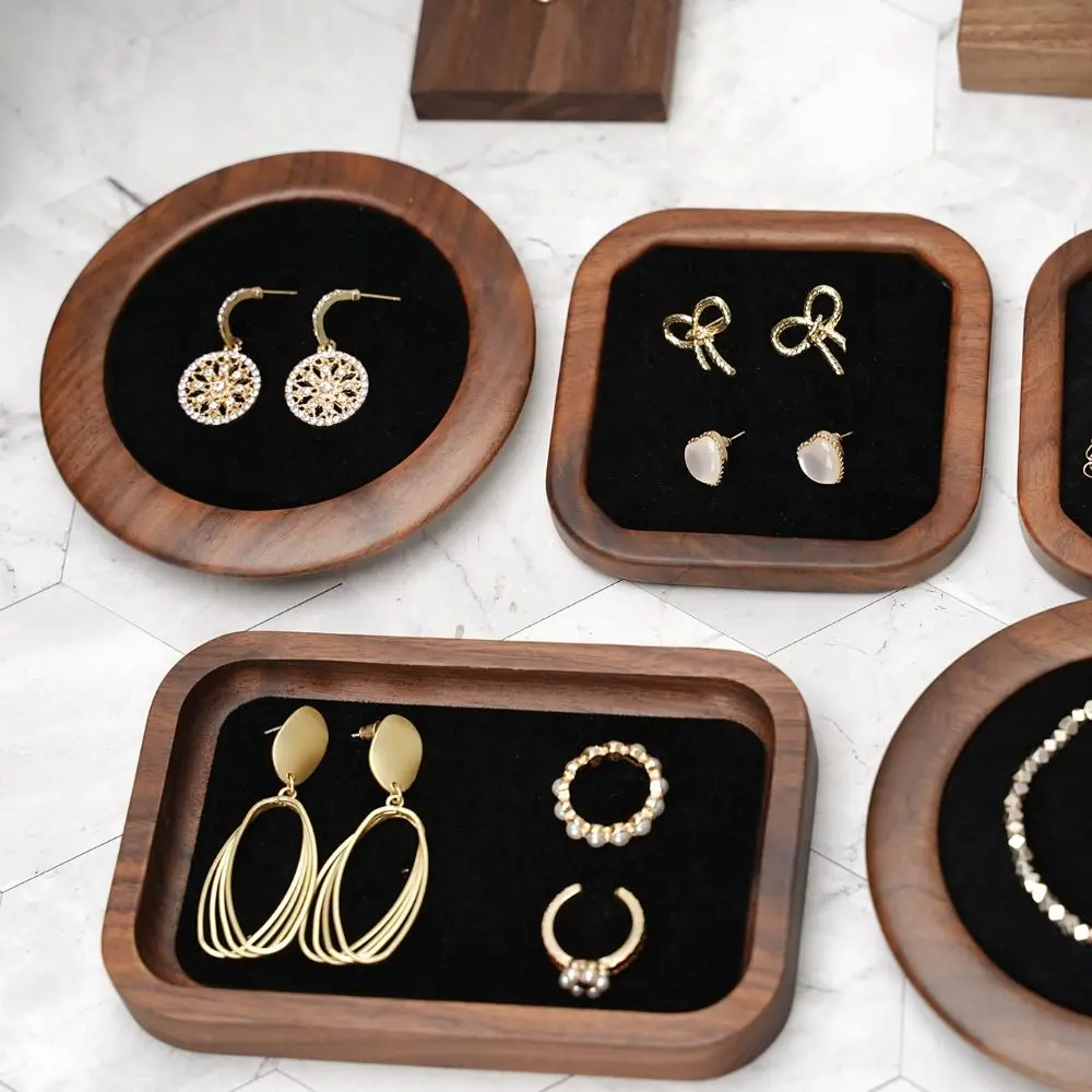 Simple Geometry Wood Rings Tray Exquisite Velvet Earrings Display Tray Jewlery Organizer Ear Studs Case Ring Earring Holder Home
