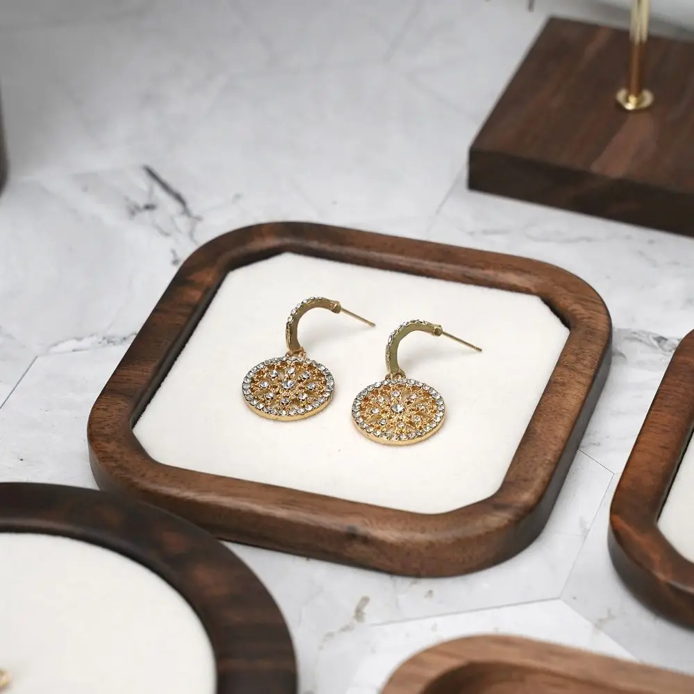 Simple Geometry Wood Rings Tray Exquisite Velvet Earrings Display Tray Jewlery Organizer Ear Studs Case Ring Earring Holder Home