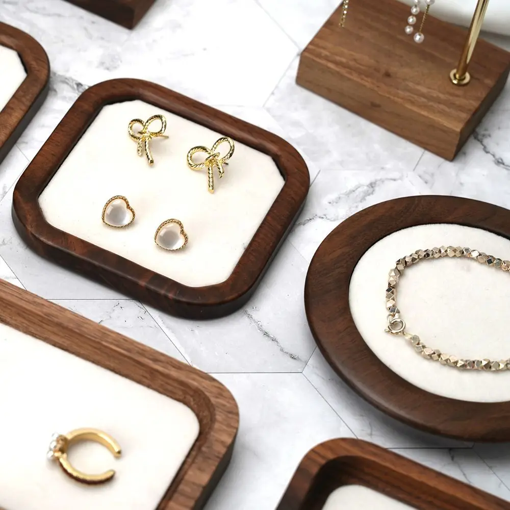 Simple Geometry Wood Rings Tray Exquisite Velvet Earrings Display Tray Jewlery Organizer Ear Studs Case Ring Earring Holder Home