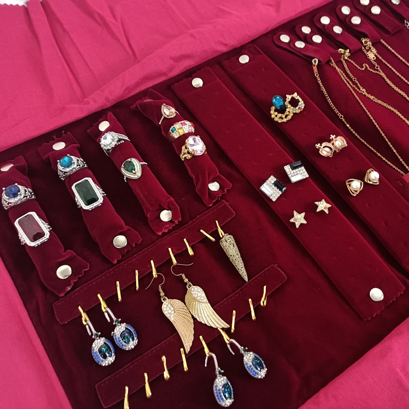 Travel Jewelry Organizer Portable Velvet Ring Earrings Pendant Necklace Holder Bracelet Carrying Storage Bag Foldable Roll Pouch