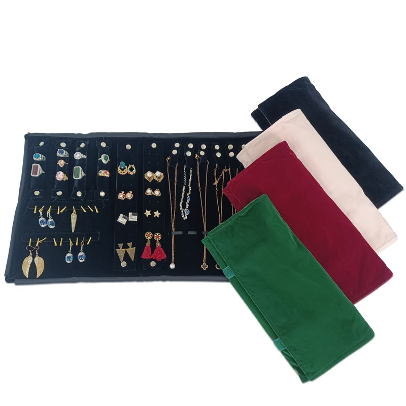 Travel Jewelry Organizer Portable Velvet Ring Earrings Pendant Necklace Holder Bracelet Carrying Storage Bag Foldable Roll Pouch