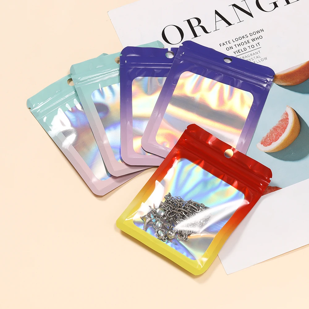 50pcs Thicken Ziplock Bags Gradient Holographic Laser AB Color Plastic Pouch for DIY Jewelry Storage Pouch Zip Lock Bag