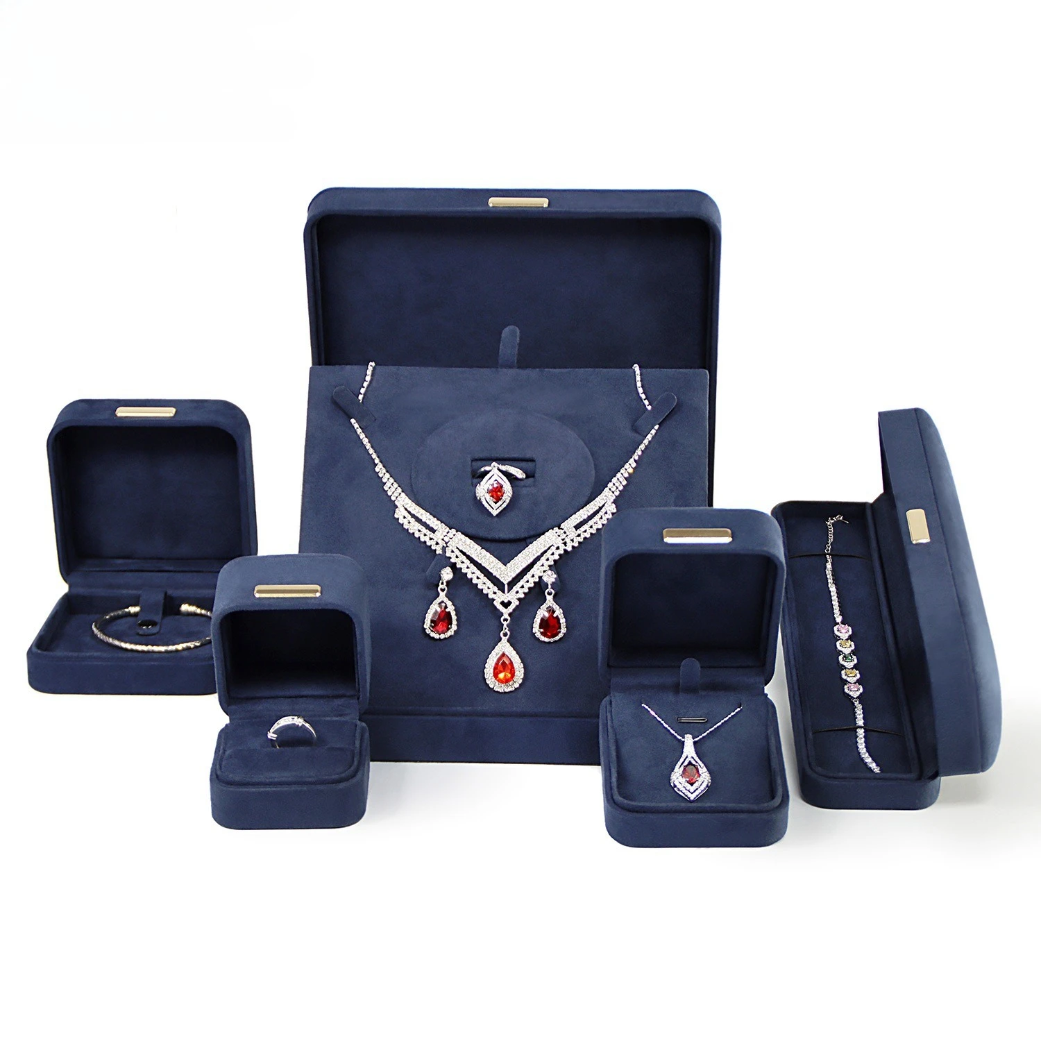Luxury Navy Blue Velvet Jewelry Box with Round Arch Top Ring Bracelet Necklace Organizer Storage Gift Box for Women