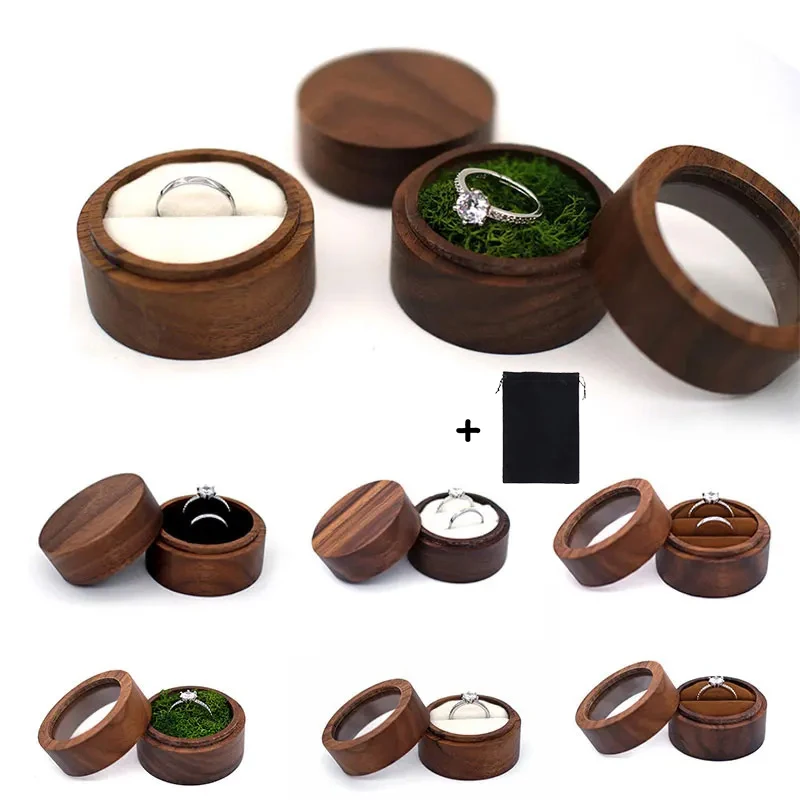 1PCS Blank Walunt Wood Ring Box With Bag Wooden Round Double Slot Wedding Proposal Engagement Round Wood Ring Box Earring Box