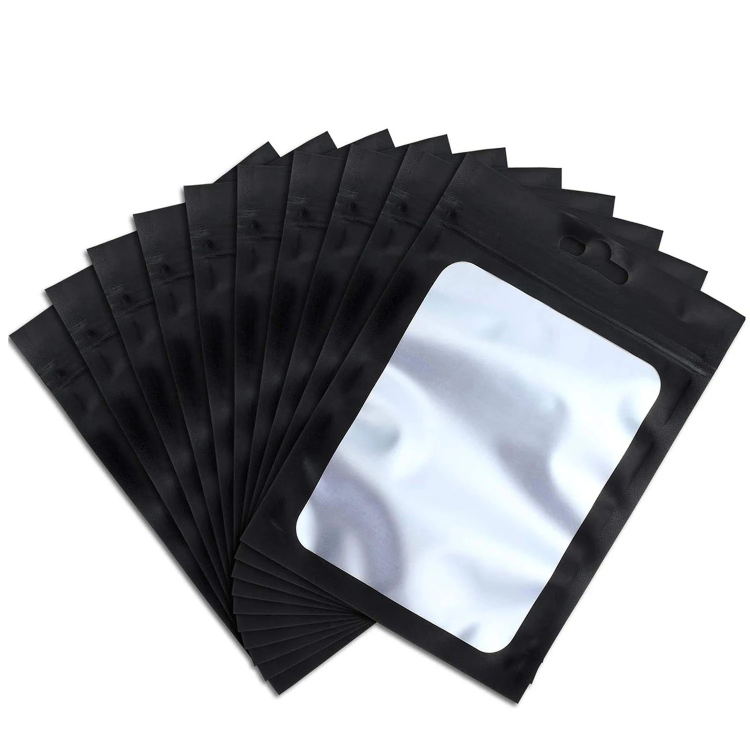 50pcs Black Foil Bags Mylar Zipper Hang Bag with Clear Window for Jewelry Display Packaging Self Sealing Reusable Foil Pouch