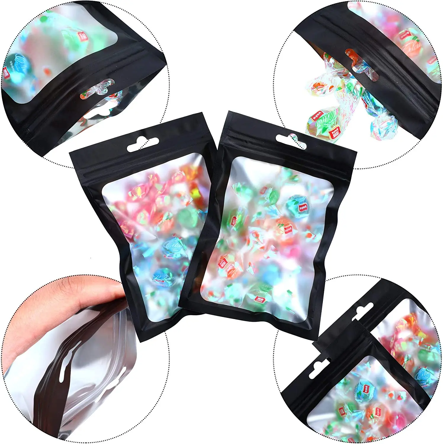 50pcs Black Foil Bags Mylar Zipper Hang Bag with Clear Window for Jewelry Display Packaging Self Sealing Reusable Foil Pouch