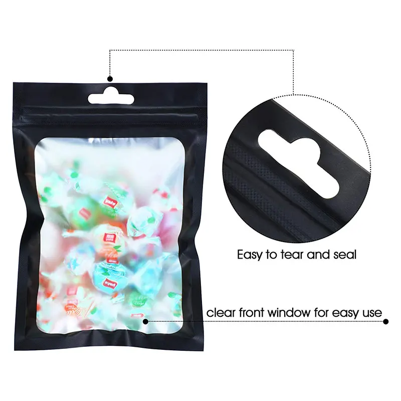 50pcs Black Foil Bags Mylar Zipper Hang Bag with Clear Window for Jewelry Display Packaging Self Sealing Reusable Foil Pouch