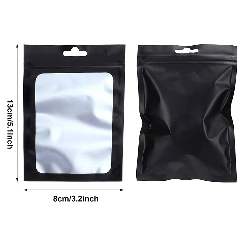 50pcs Black Foil Bags Mylar Zipper Hang Bag with Clear Window for Jewelry Display Packaging Self Sealing Reusable Foil Pouch