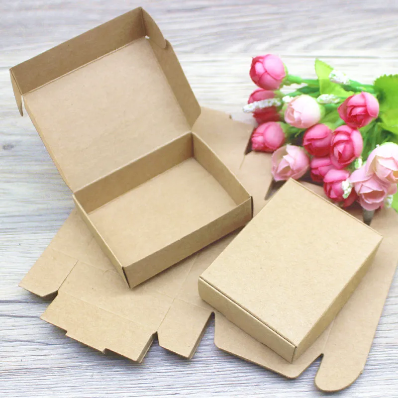 New 10Pcs 8x6x2cm White /Kraft /Black Jewelry Display Packing Box Handmade With Love Cardboard Gift Package & Wedding Favourite