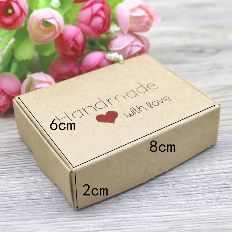 New 10Pcs 8x6x2cm White /Kraft /Black Jewelry Display Packing Box Handmade With Love Cardboard Gift Package & Wedding Favourite