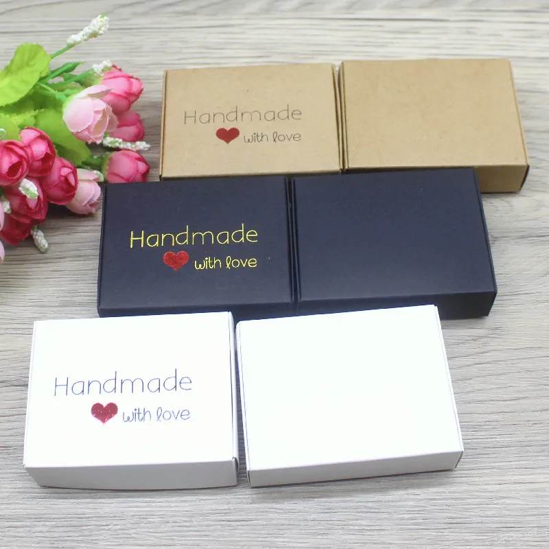 New 10Pcs 8x6x2cm White /Kraft /Black Jewelry Display Packing Box Handmade With Love Cardboard Gift Package & Wedding Favourite