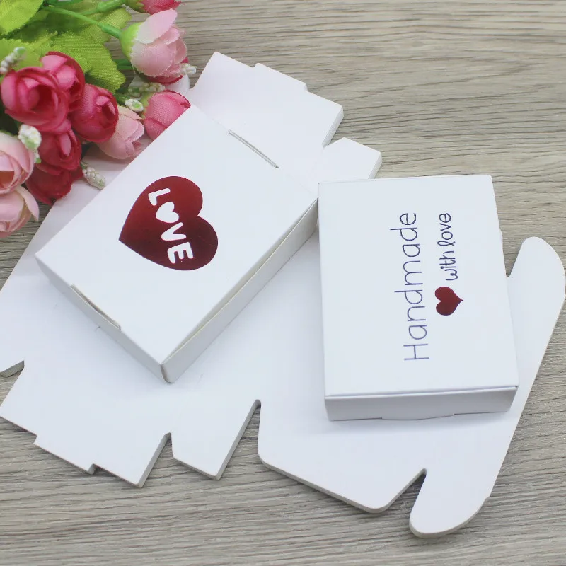 New 10Pcs 8x6x2cm White /Kraft /Black Jewelry Display Packing Box Handmade With Love Cardboard Gift Package & Wedding Favourite