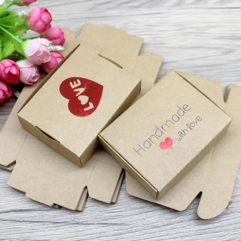 New 10Pcs 8x6x2cm White /Kraft /Black Jewelry Display Packing Box Handmade With Love Cardboard Gift Package & Wedding Favourite