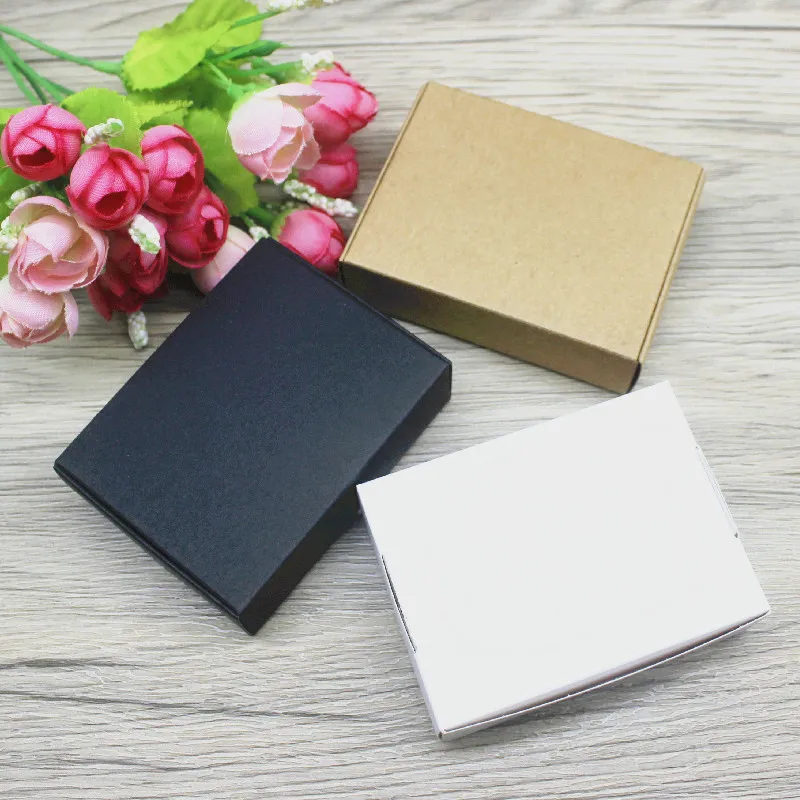 New 10Pcs 8x6x2cm White /Kraft /Black Jewelry Display Packing Box Handmade With Love Cardboard Gift Package & Wedding Favourite