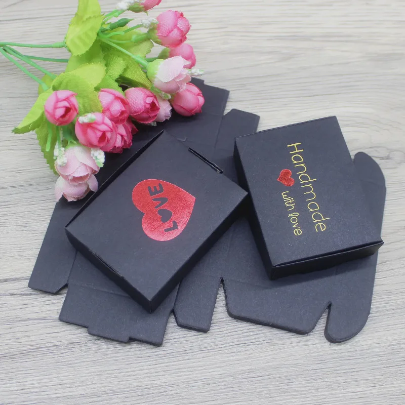 New 10Pcs 8x6x2cm White /Kraft /Black Jewelry Display Packing Box Handmade With Love Cardboard Gift Package & Wedding Favourite