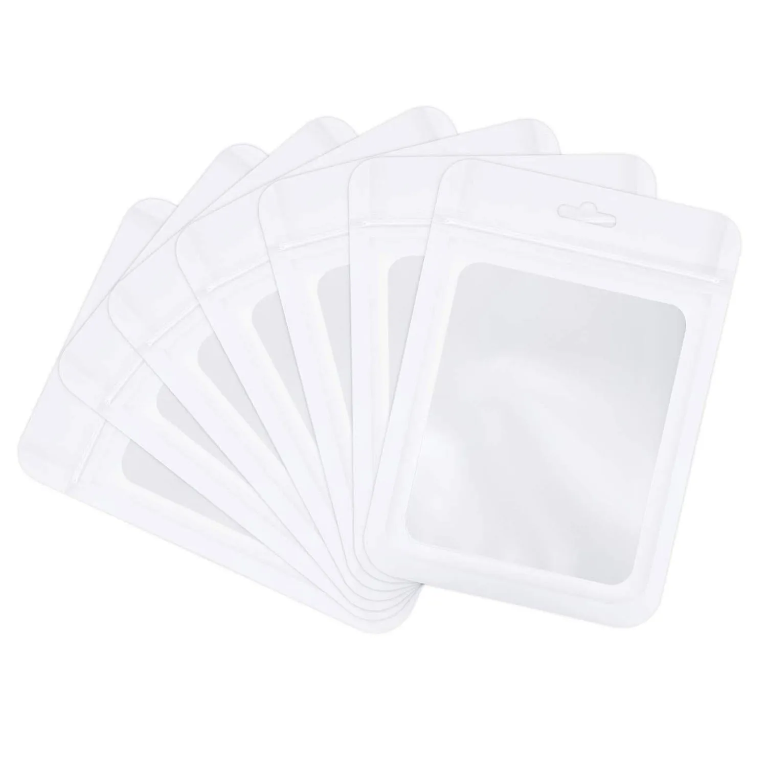 50-100pcs White Reusable Mylar Zipper Bags Foil Pouches with Clear Window for Jewelry Display Packaging Self Sealing Hang Bags