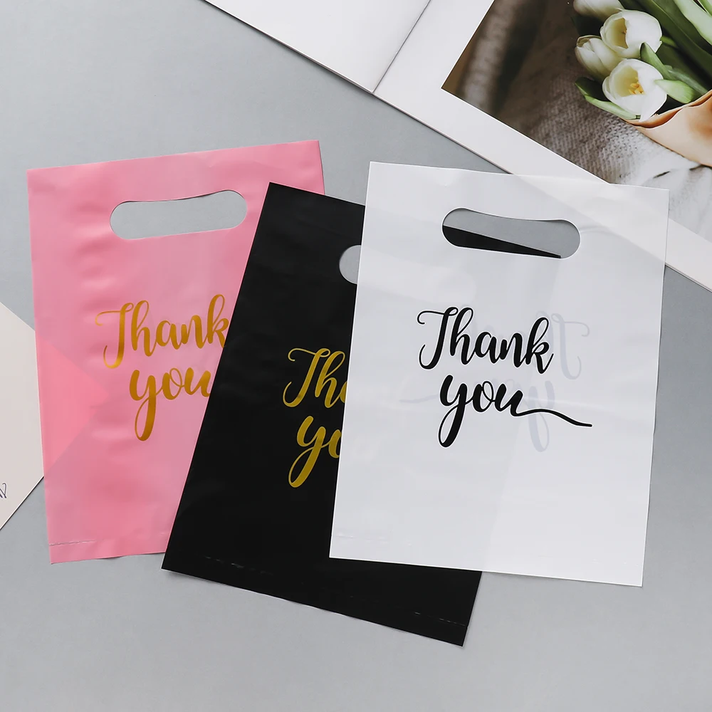 20Pcs/Lot Thank You Gift Bags Plastic Shopping Bag with Handle Poly Die Cut Plastic Merchandise Bag for Retail Small Business
