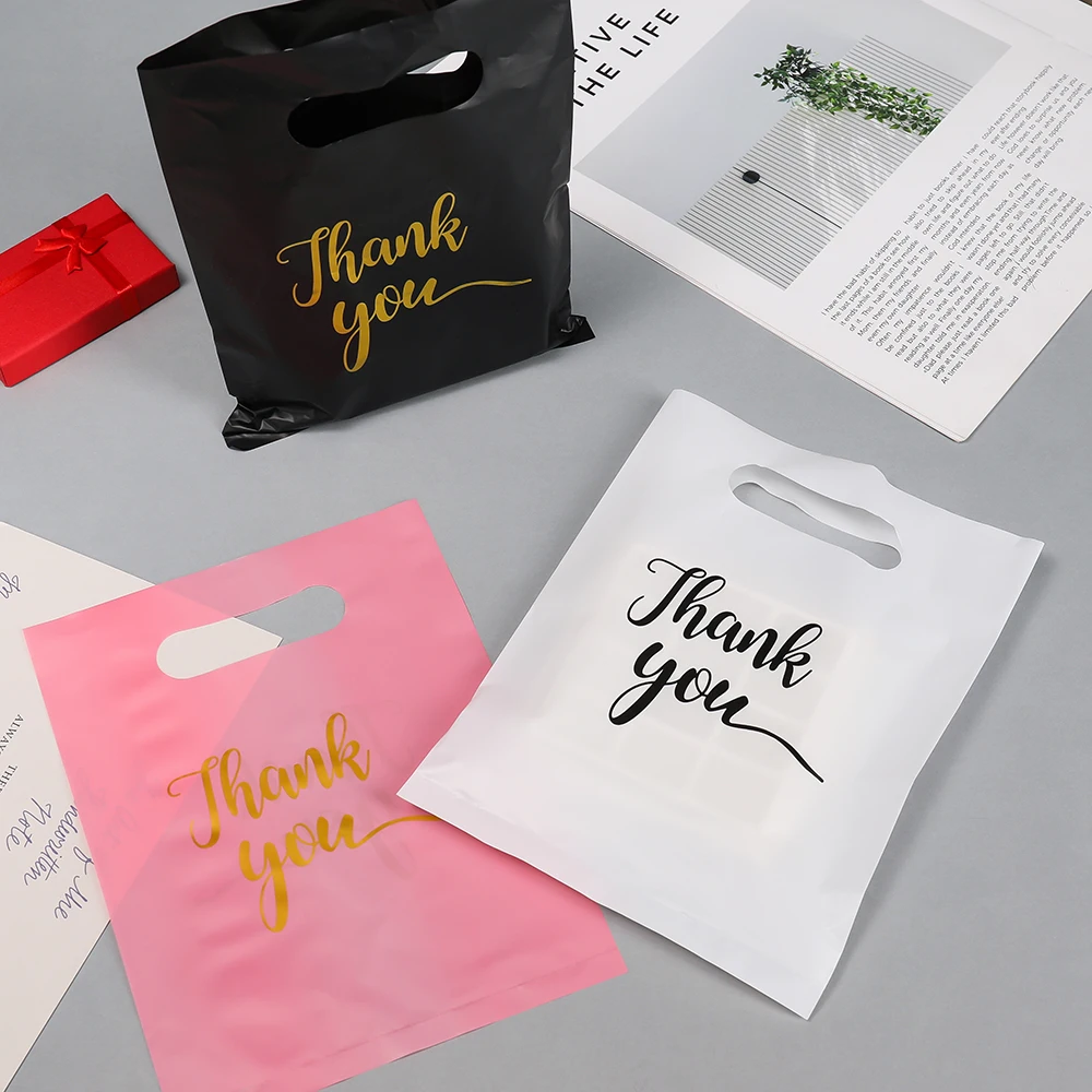 20Pcs/Lot Thank You Gift Bags Plastic Shopping Bag with Handle Poly Die Cut Plastic Merchandise Bag for Retail Small Business