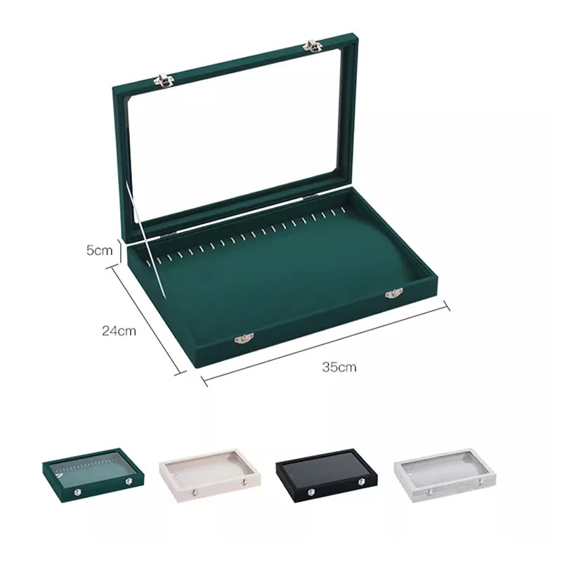 Ice Velvet 20 Hooks Jewelry Showcase for Necklaces Jewelry Box Stackable Glass Top Lockable