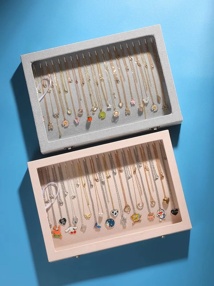 Ice Velvet 20 Hooks Jewelry Showcase for Necklaces Jewelry Box Stackable Glass Top Lockable