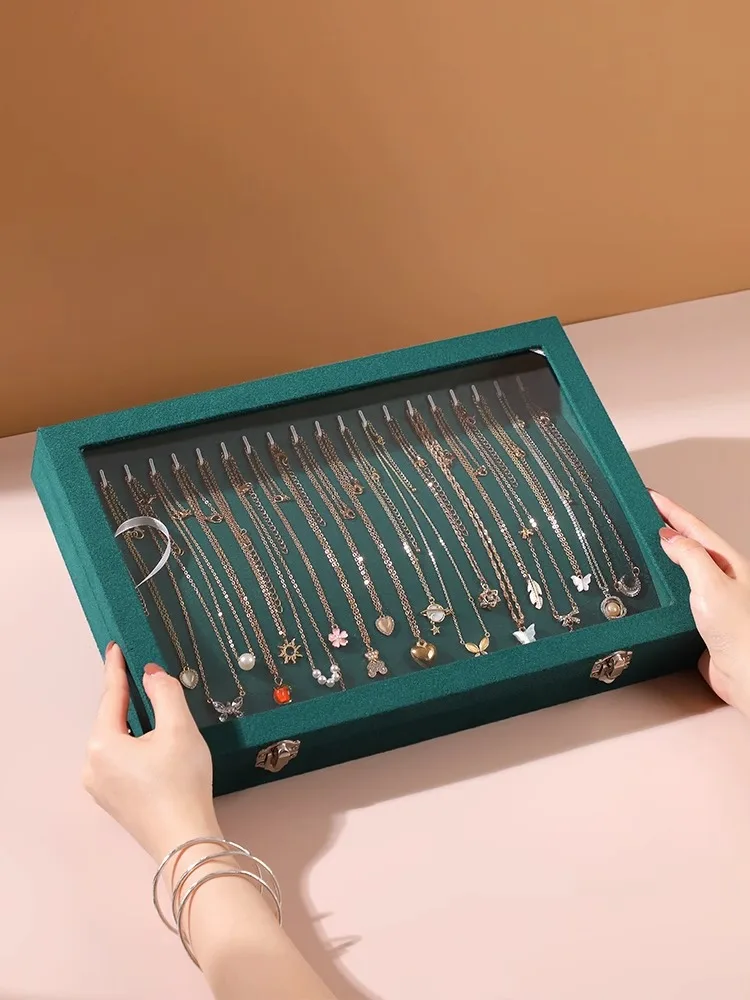 Ice Velvet 20 Hooks Jewelry Showcase for Necklaces Jewelry Box Stackable Glass Top Lockable