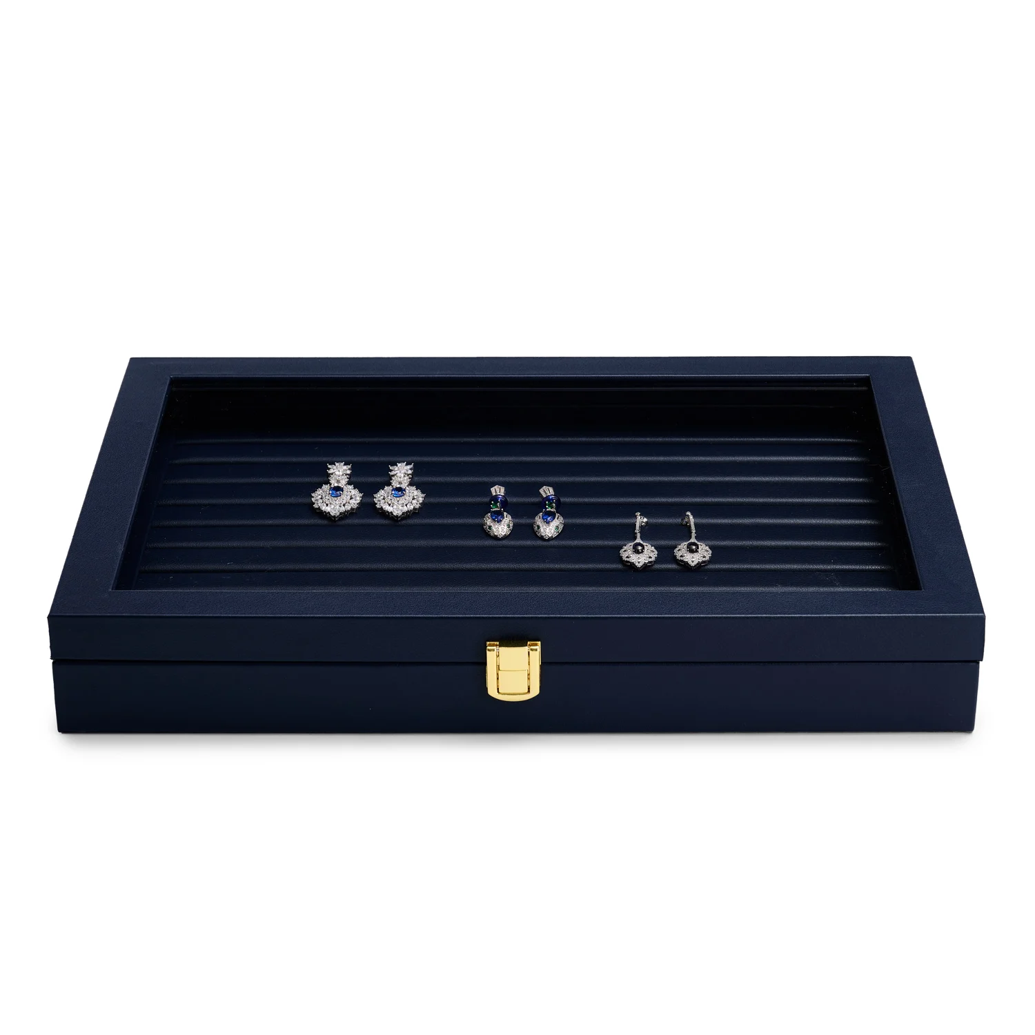 Oirlv Blue Jewelry Organizer Tray Acrylic Lid Premium Leather Jewelry Box Transparent Lid Drawer Insert Jewelry Display Case