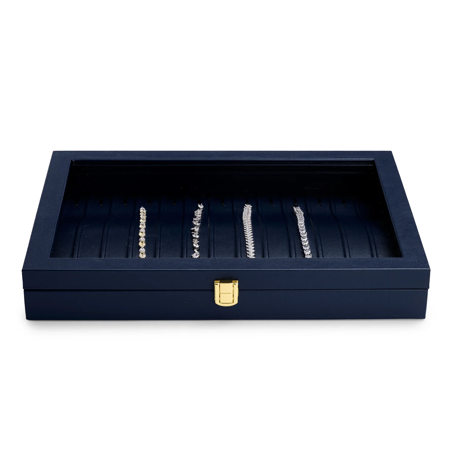 Oirlv Blue Jewelry Organizer Tray Acrylic Lid Premium Leather Jewelry Box Transparent Lid Drawer Insert Jewelry Display Case