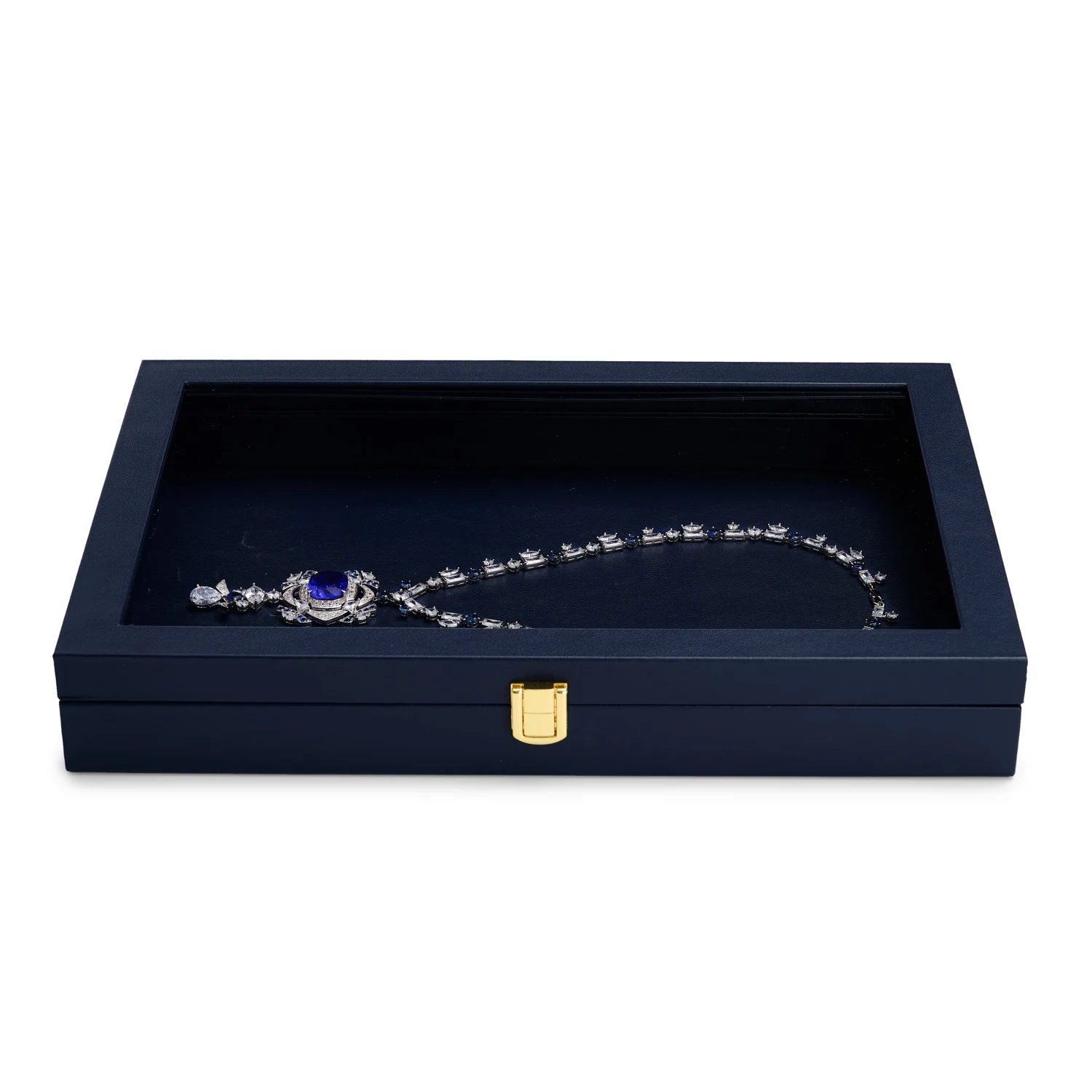 Oirlv Blue Jewelry Organizer Tray Acrylic Lid Premium Leather Jewelry Box Transparent Lid Drawer Insert Jewelry Display Case
