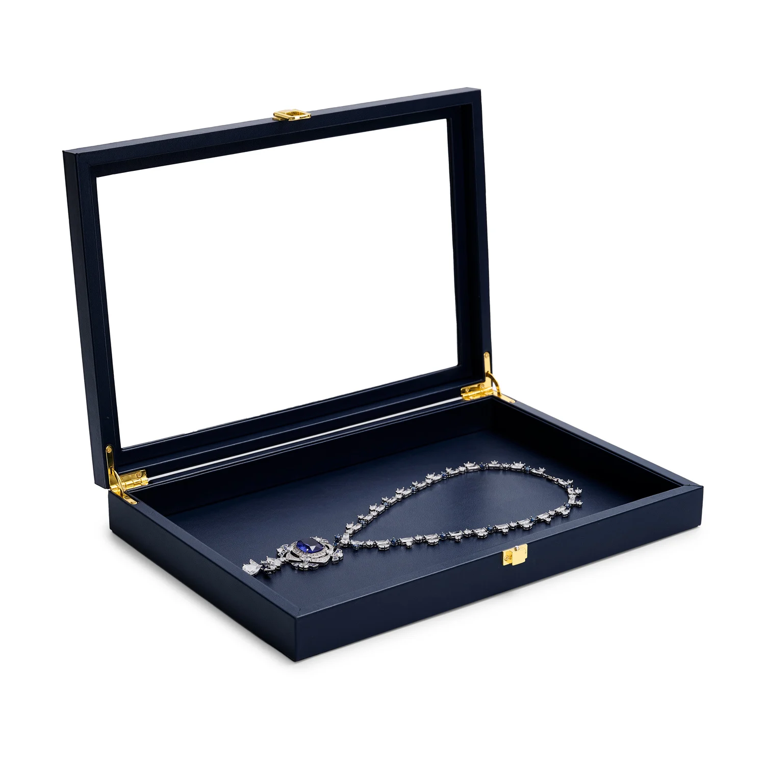 Oirlv Blue Jewelry Organizer Tray Acrylic Lid Premium Leather Jewelry Box Transparent Lid Drawer Insert Jewelry Display Case