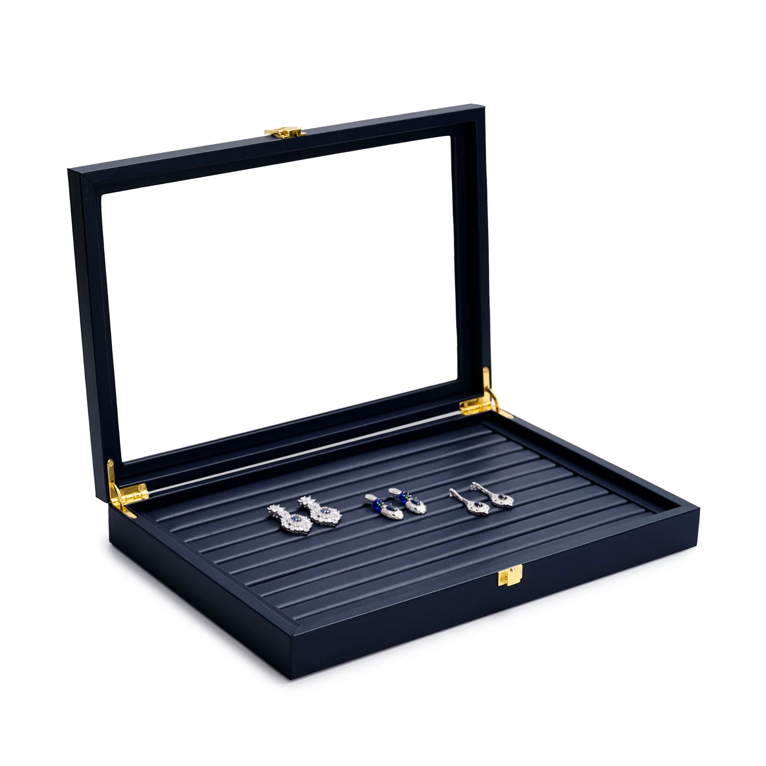 Oirlv Blue Jewelry Organizer Tray Acrylic Lid Premium Leather Jewelry Box Transparent Lid Drawer Insert Jewelry Display Case