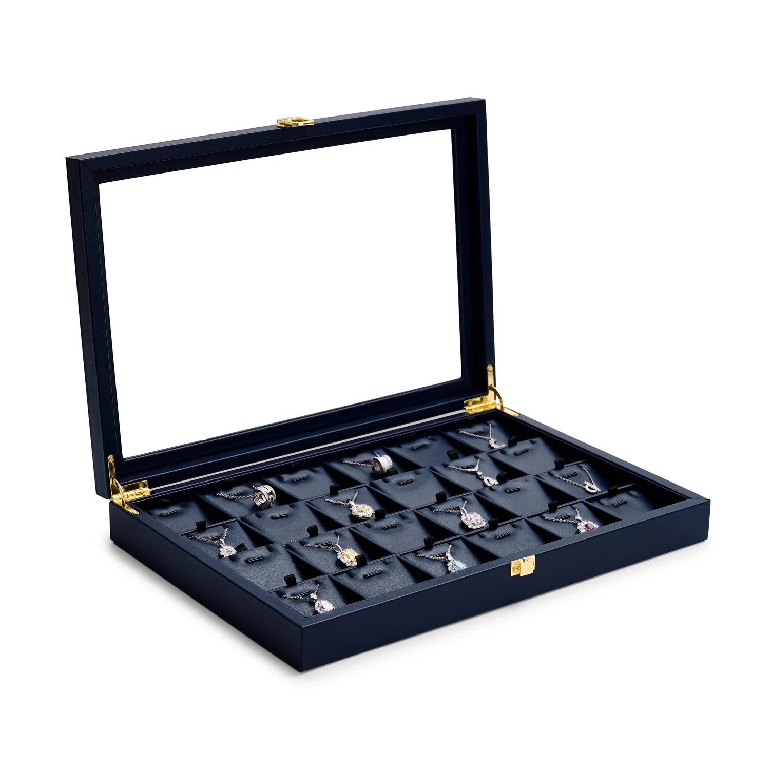 Oirlv Blue Jewelry Organizer Tray Acrylic Lid Premium Leather Jewelry Box Transparent Lid Drawer Insert Jewelry Display Case