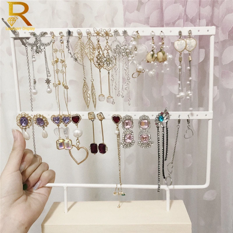 Luxury Countertop Pendant Earrings Display Stand Metal Hanger Solid Wood Piercing Jewelry Ear Studs Hanging Holder Storage Rack