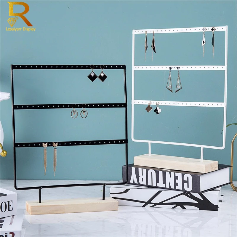 Luxury Countertop Pendant Earrings Display Stand Metal Hanger Solid Wood Piercing Jewelry Ear Studs Hanging Holder Storage Rack